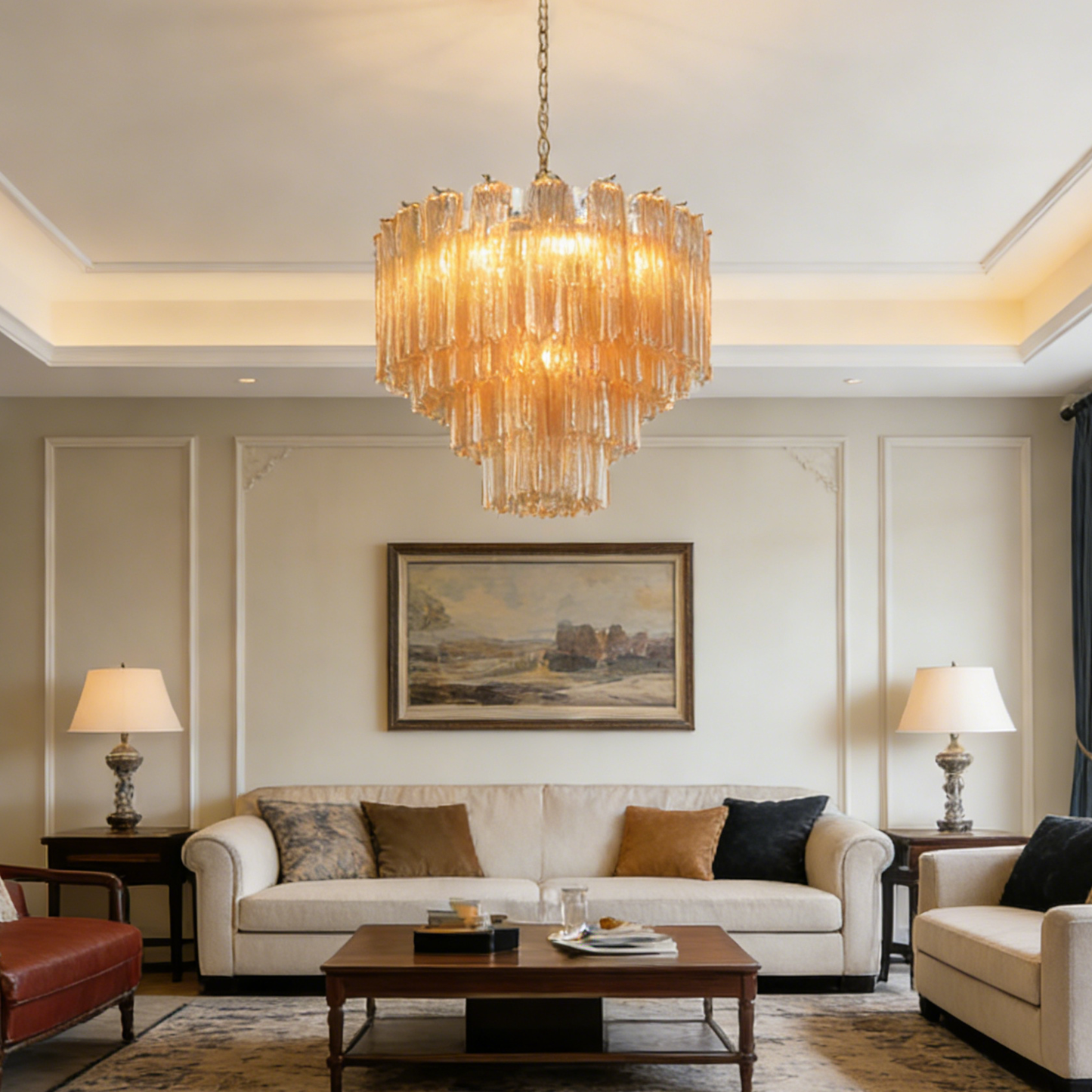 Amber Glass Rod Chandelier — Warm Cascade Radiance - LumoTrot