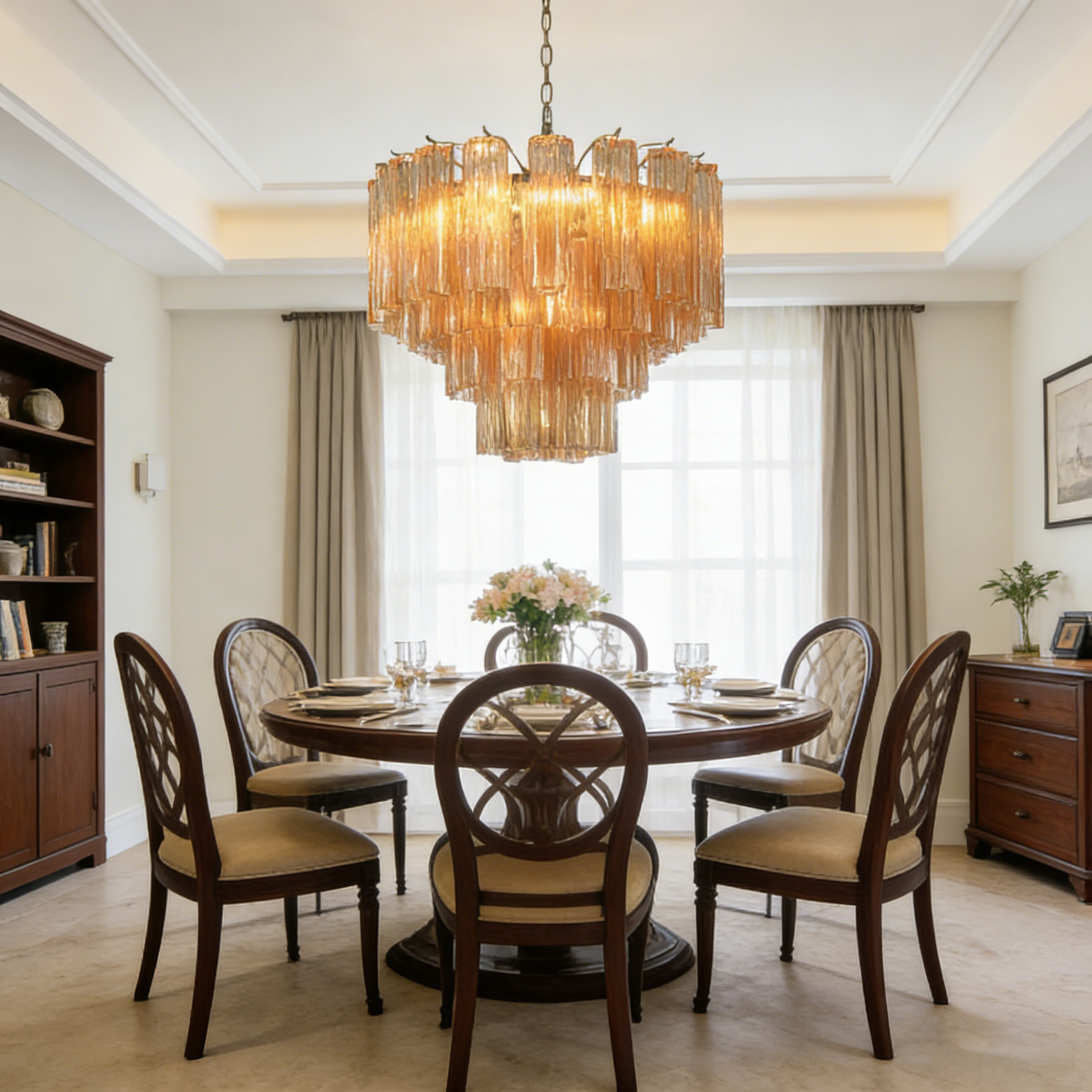 Sculptural tiered silhouette of the amber glass rod chandelier