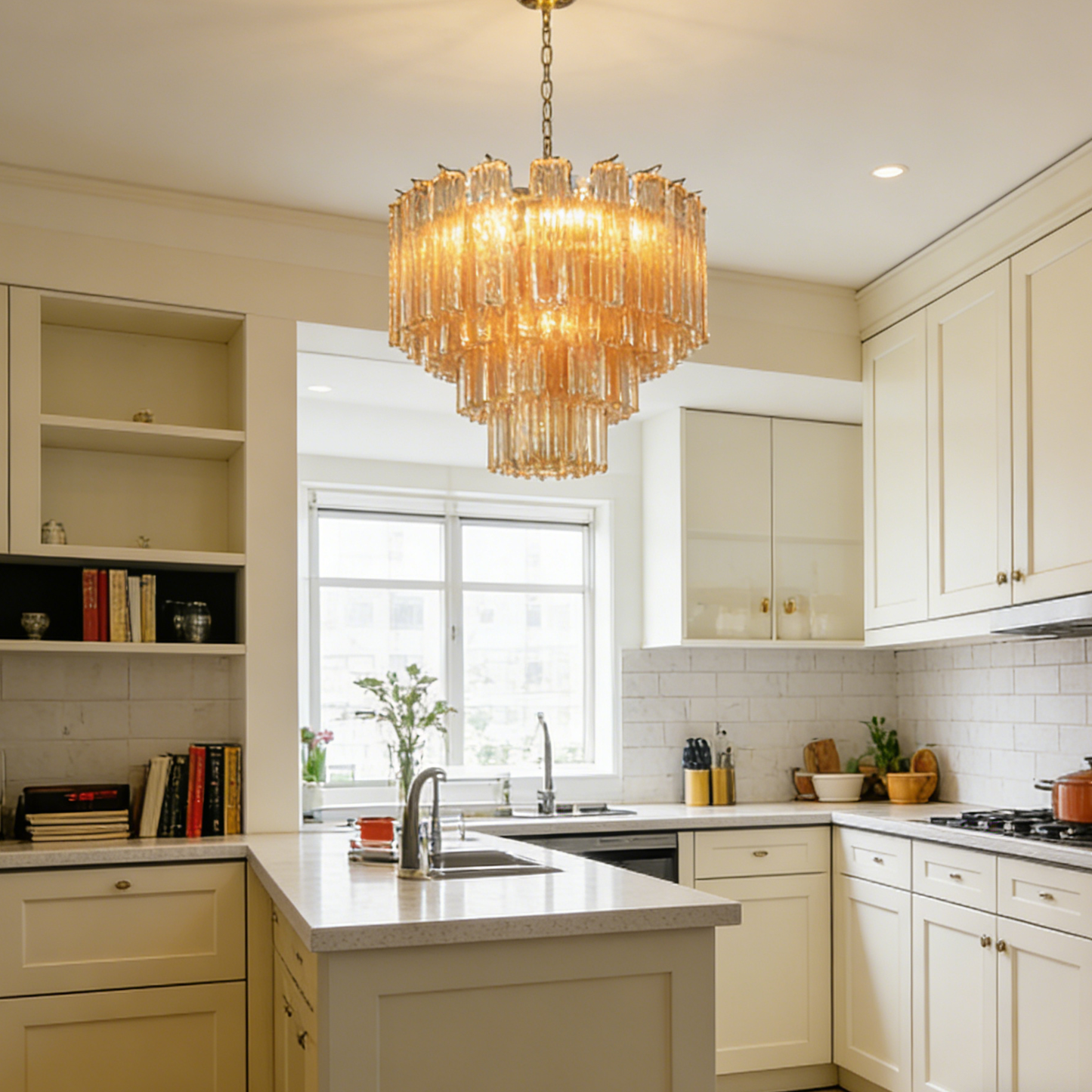 Amber Glass Rod Chandelier — Warm Cascade Radiance - LumoTrot
