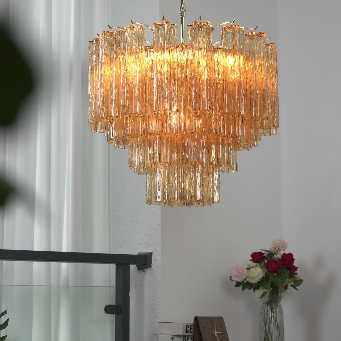 Amber Glass Rod Chandelier — Warm Cascade Radiance - LumoTrot