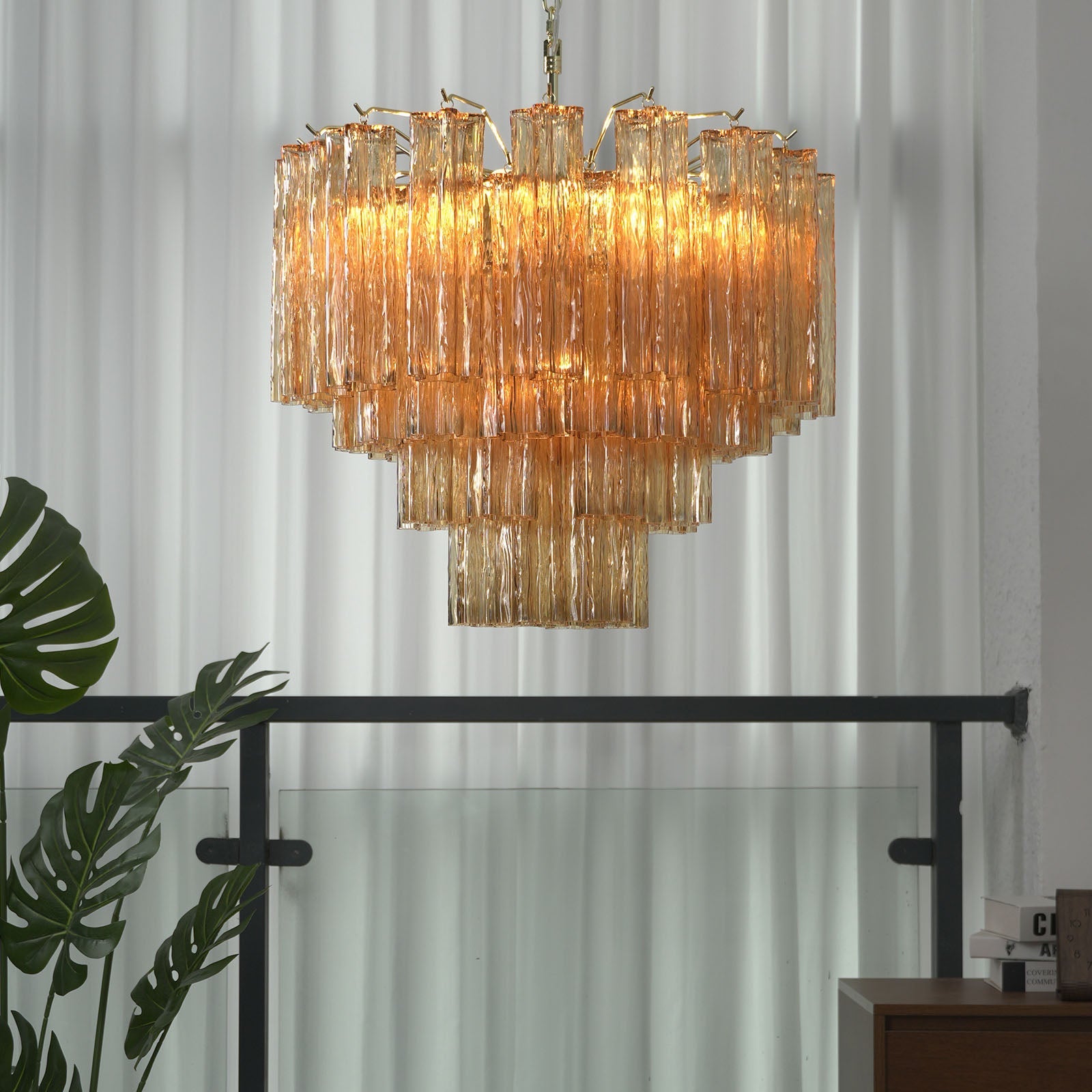 Amber Glass Rod Chandelier — Warm Cascade Radiance - LumoTrot
