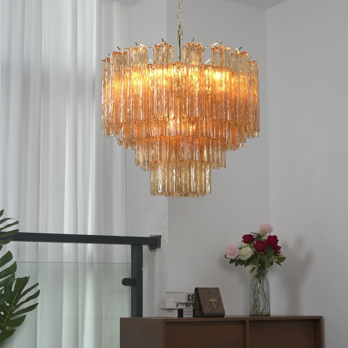 Amber Glass Rod Chandelier — Warm Cascade Radiance - LumoTrot