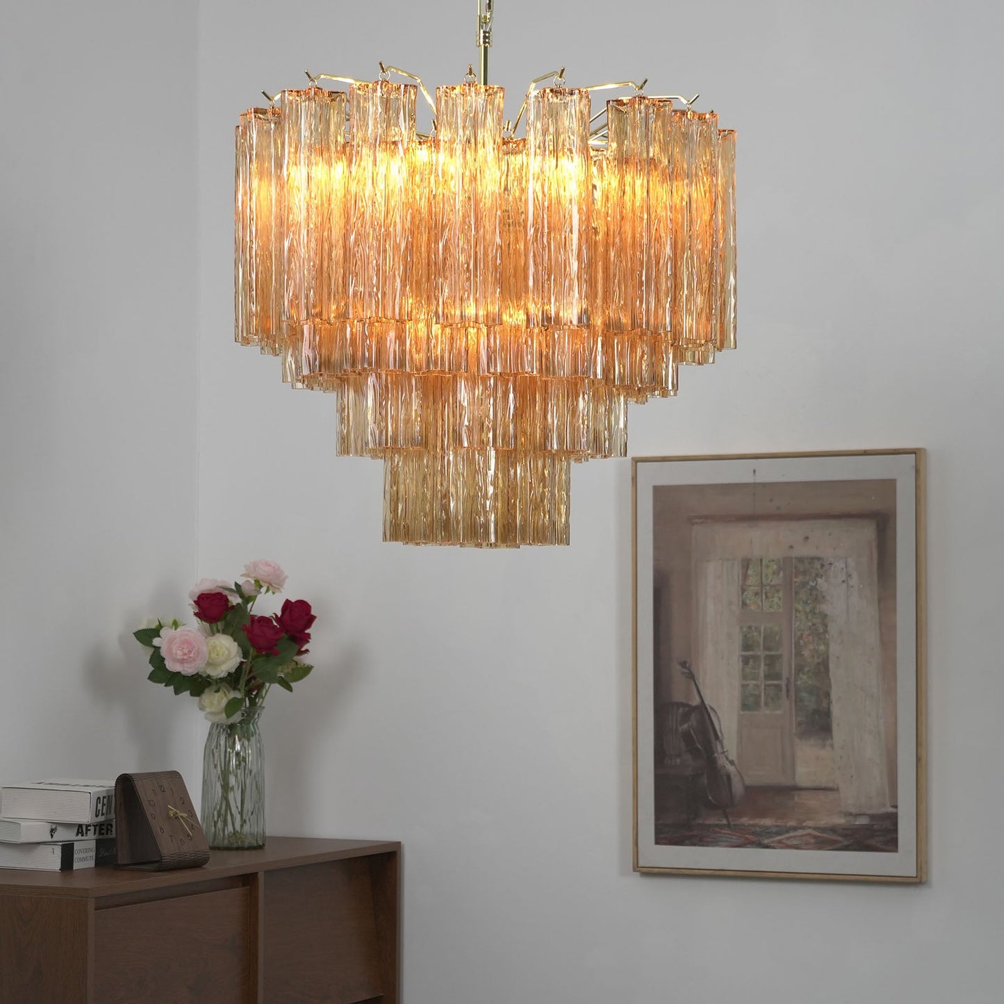 Amber Glass Rod Chandelier — Warm Cascade Radiance - LumoTrot