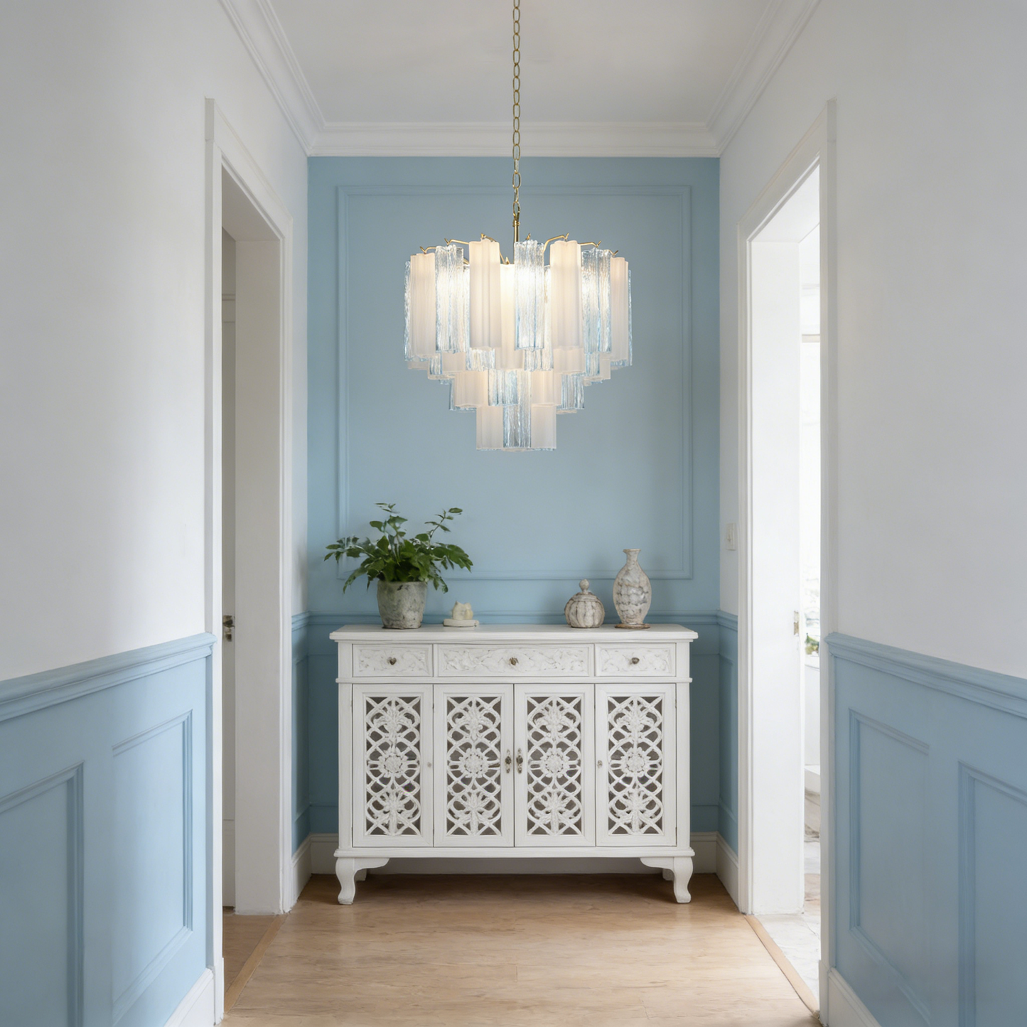 Blue & White Glass Tube Chandelier — Ethereal Cascade - LumoTrot