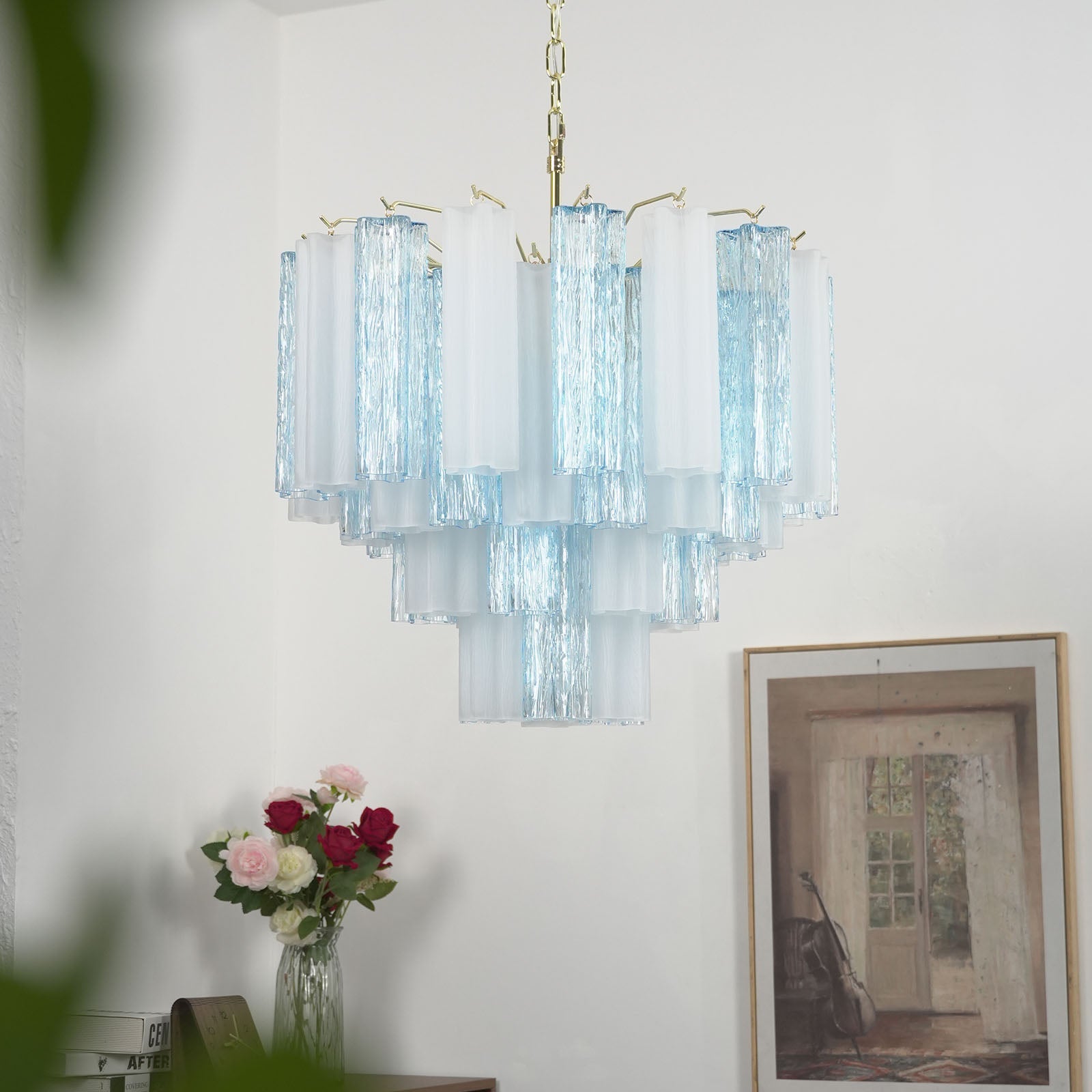 Blue & White Glass Tube Chandelier — Ethereal Cascade - LumoTrot