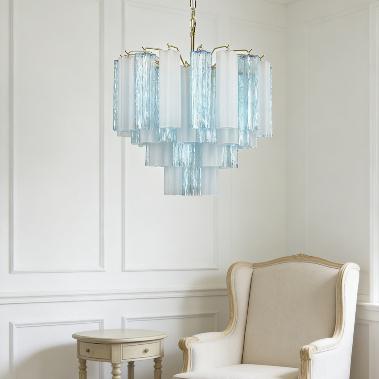 Blue & White Glass Tube Chandelier — Ethereal Cascade - LumoTrot