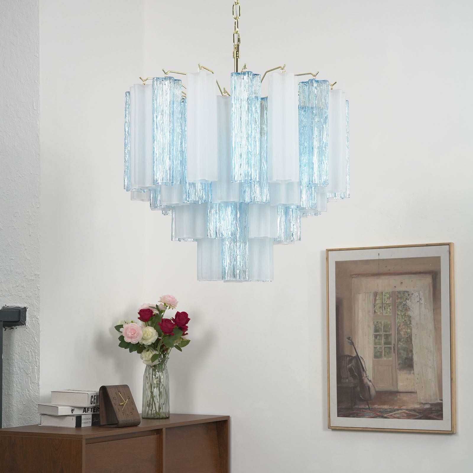 Blue & White Glass Tube Chandelier — Ethereal Cascade - LumoTrot