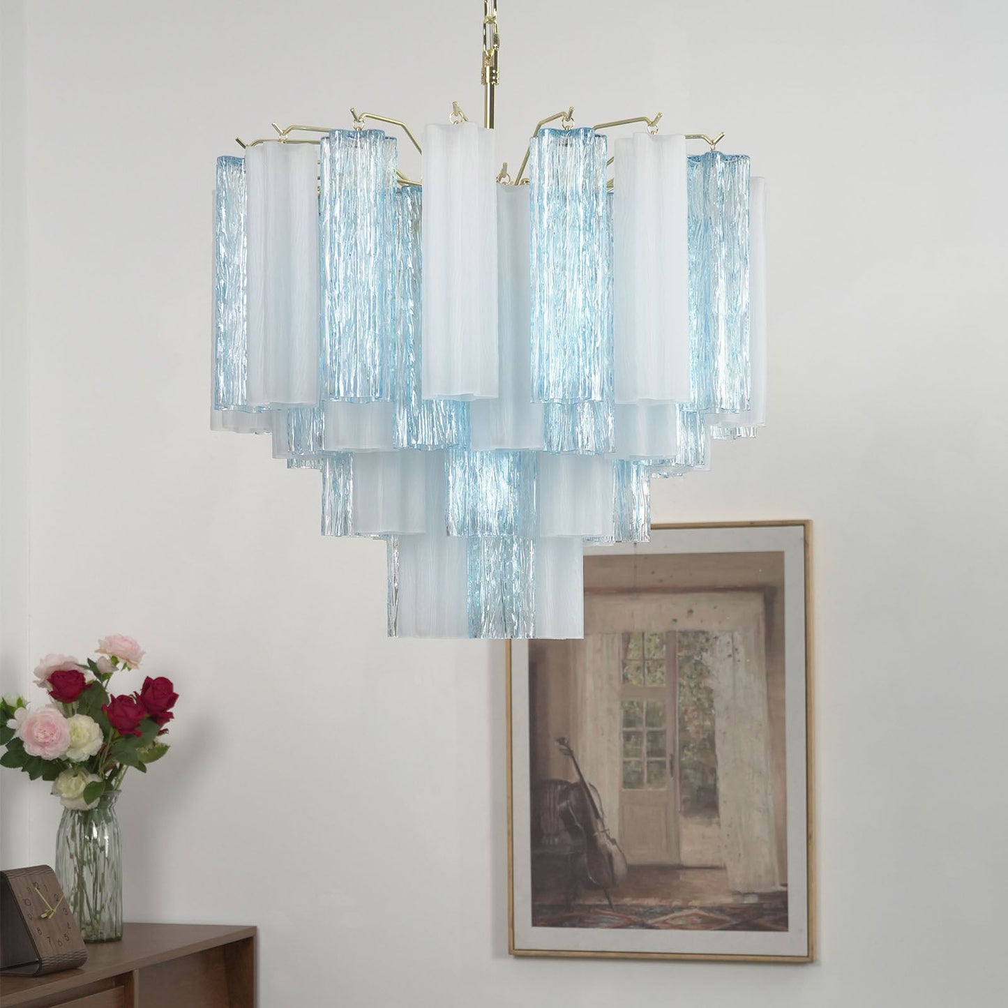 Blue & White Glass Tube Chandelier — Ethereal Cascade - LumoTrot