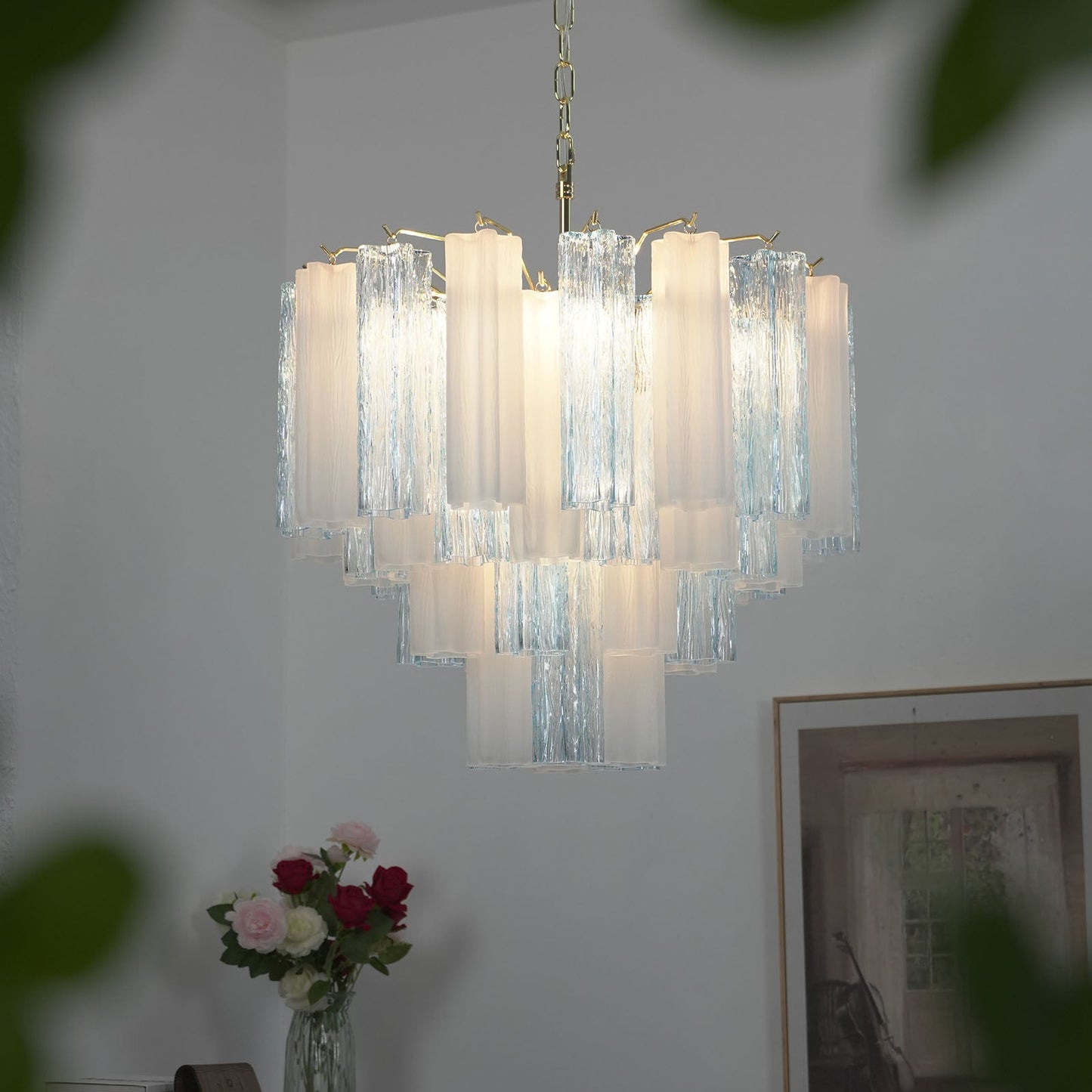 Blue & White Glass Tube Chandelier — Ethereal Cascade - LumoTrot