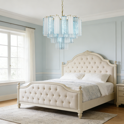 Gold chain suspension of the blue glass tube chandelier