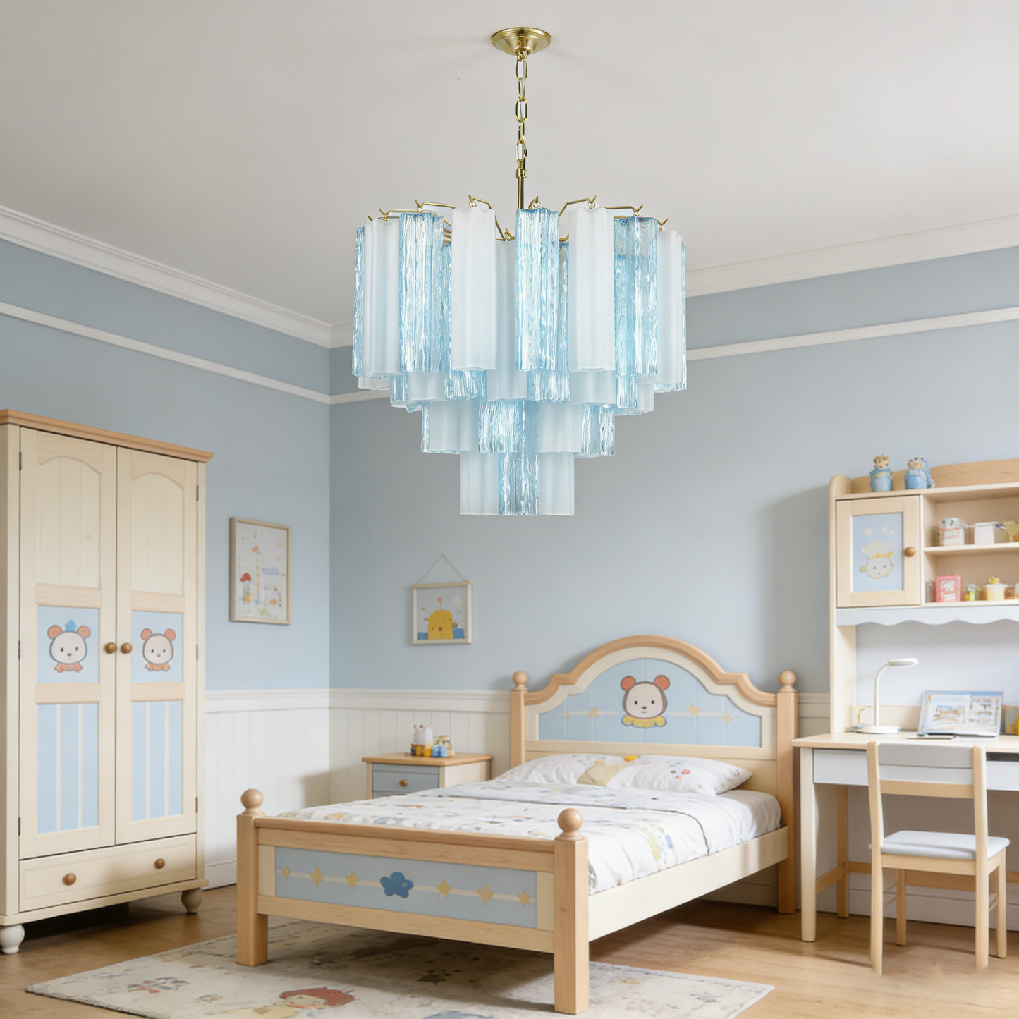 Blue & White Glass Tube Chandelier — Ethereal Cascade - LumoTrot