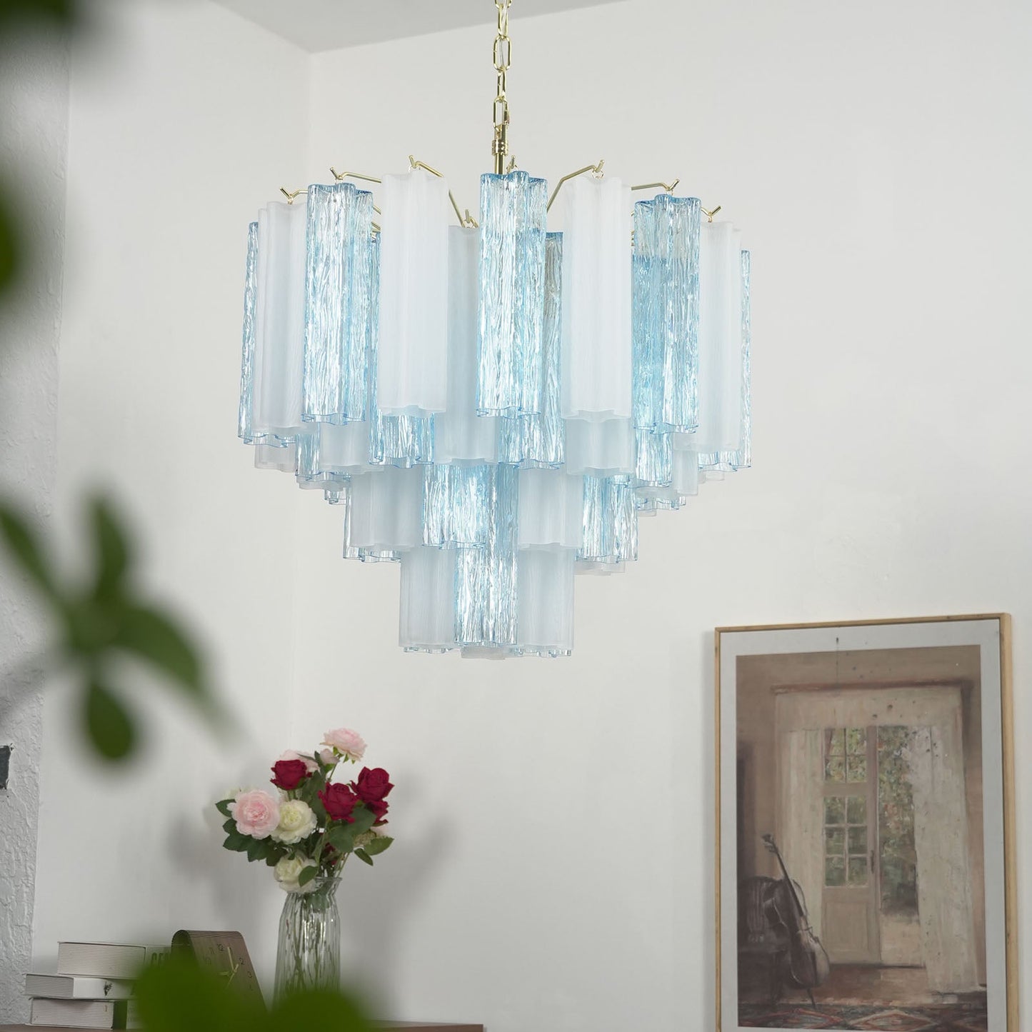 Blue & White Glass Tube Chandelier — Ethereal Cascade - LumoTrot