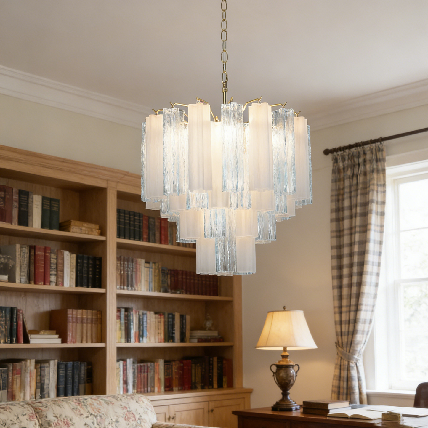 Tiered silhouette of the blue glass tube chandelier