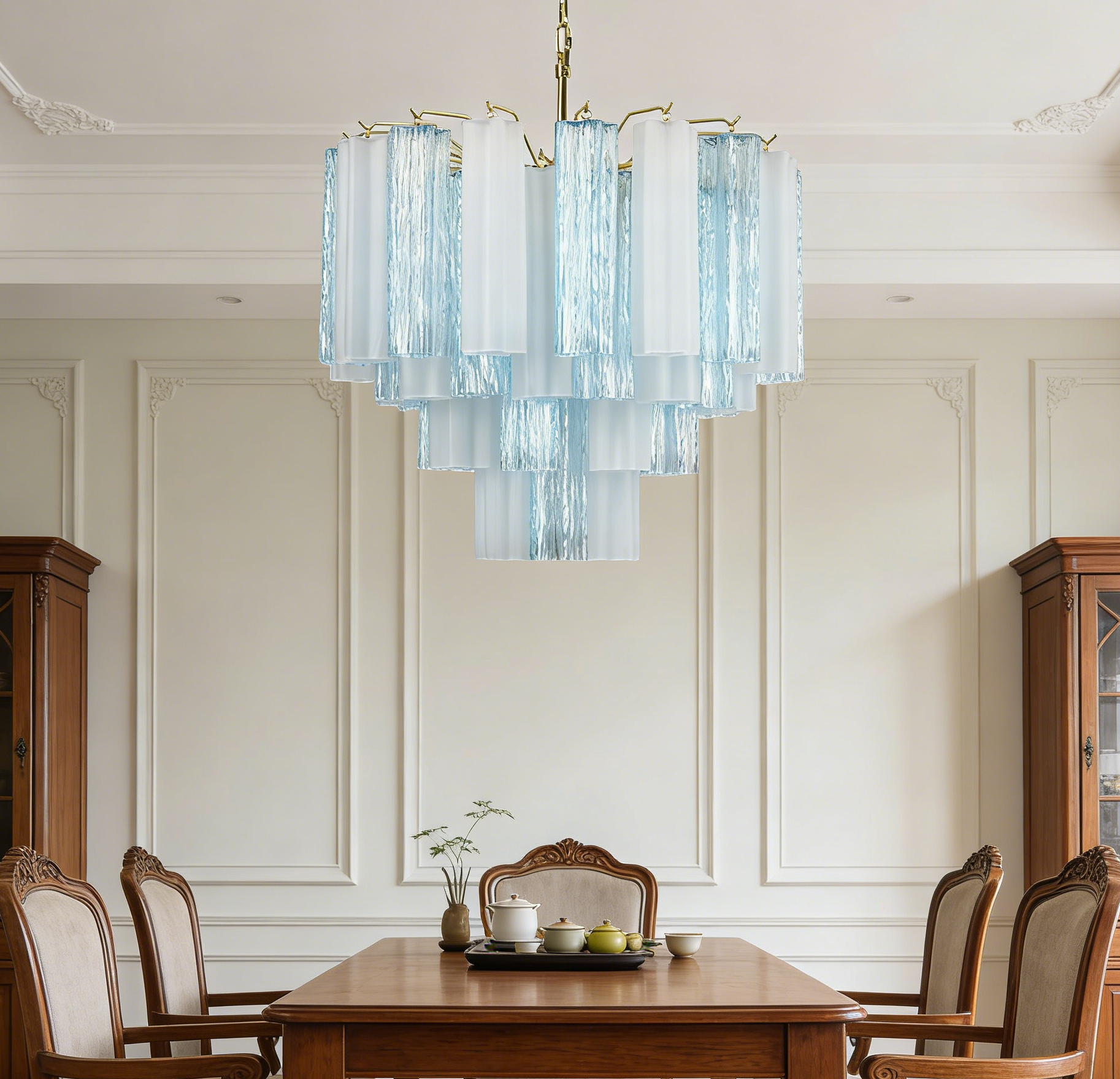 Blue & White Glass Tube Chandelier — Ethereal Cascade - LumoTrot
