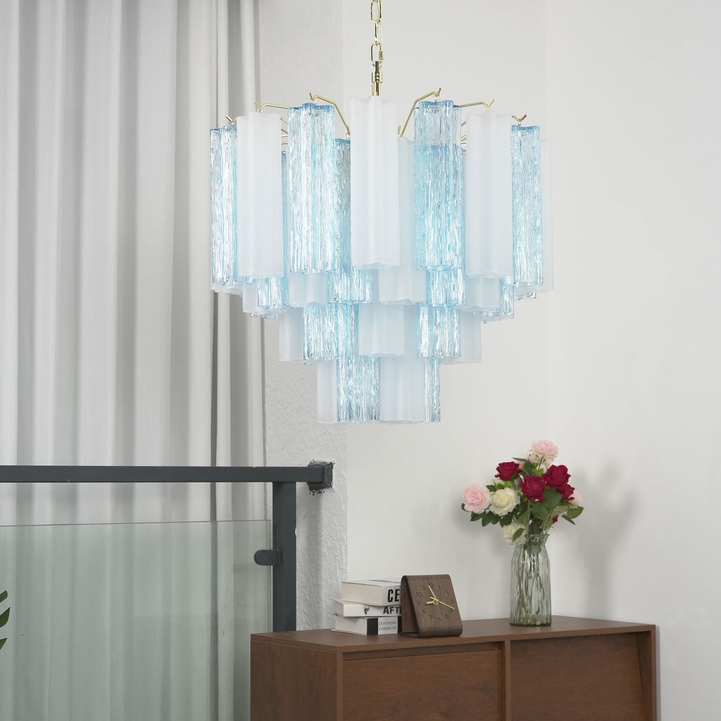 Blue & White Glass Tube Chandelier — Ethereal Cascade - LumoTrot