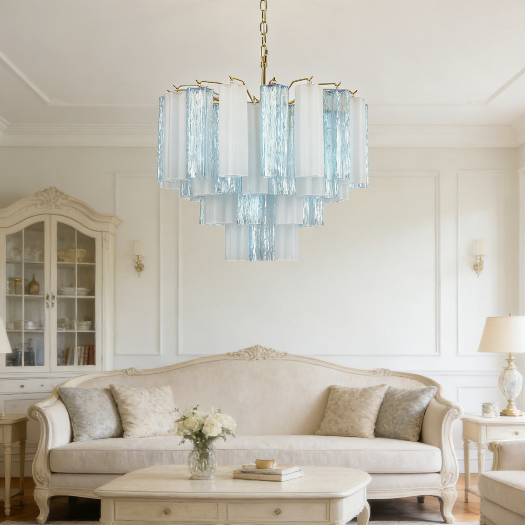 Blue & White Glass Tube Chandelier — Ethereal Cascade - LumoTrot
